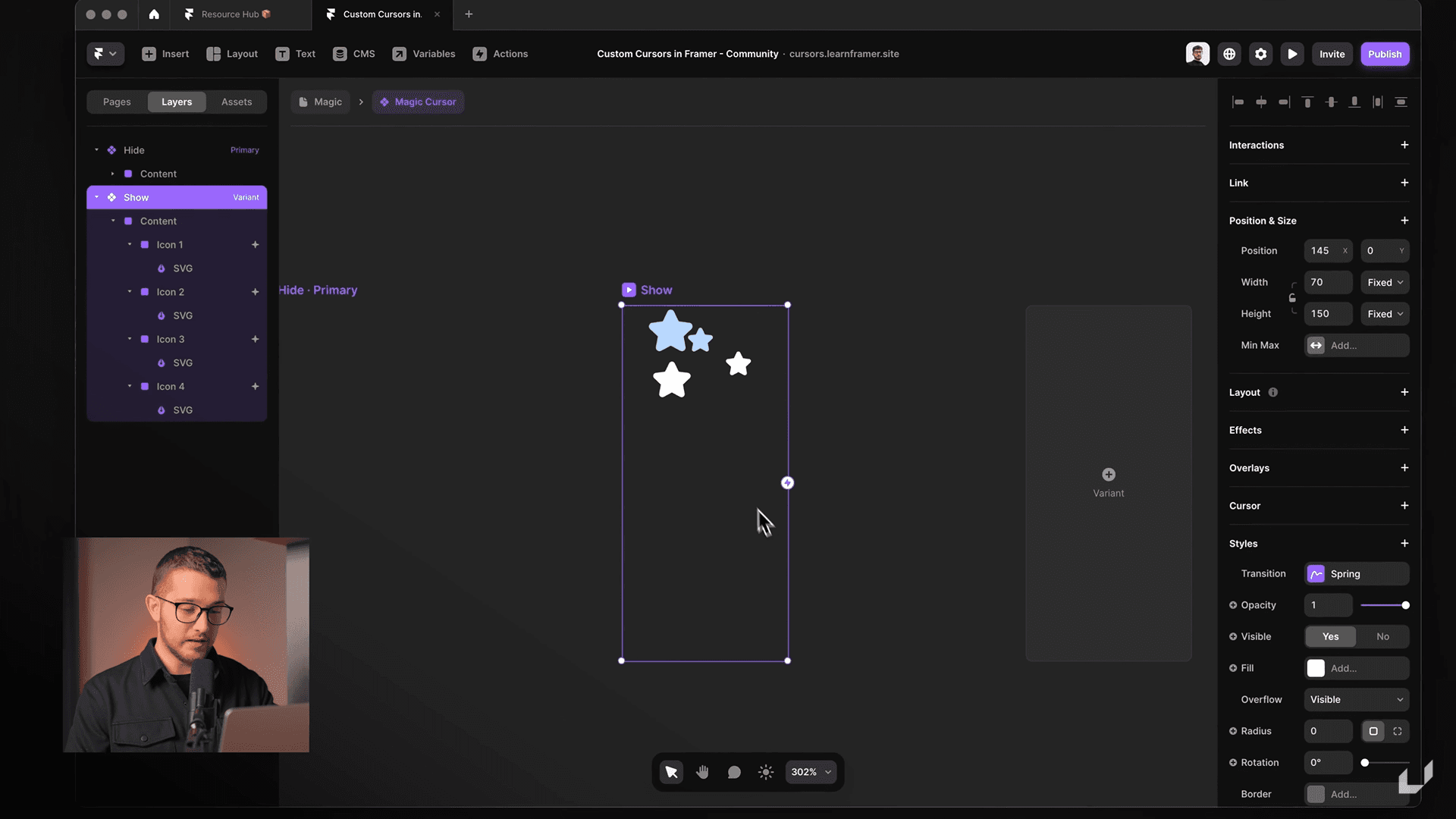 Magic cursor setup with layered star icons in Framer interface