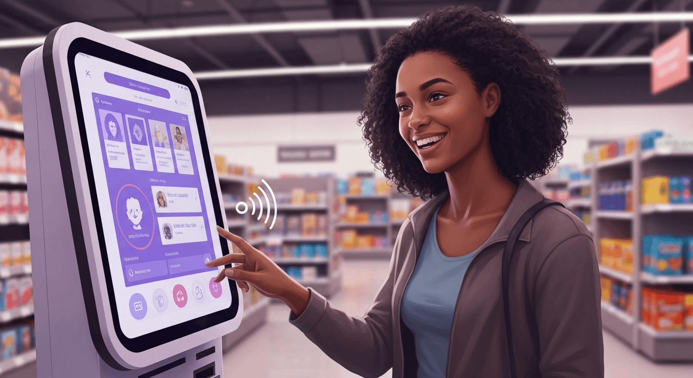 Customer at voice kiosk retail