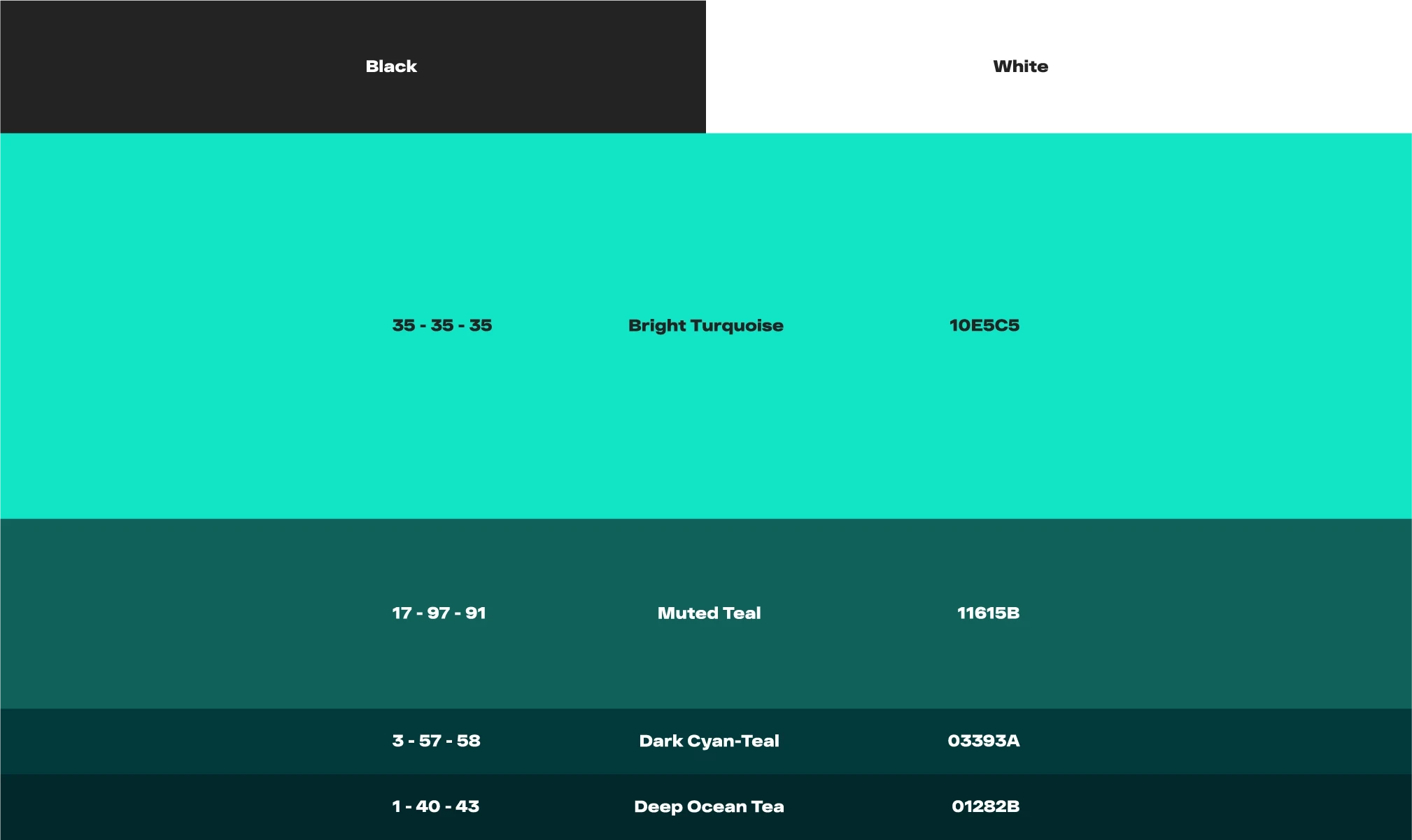 Domeforge color palette showing black, white, bright turquoise, muted teal, dark cyan-teal and deep ocean teal.