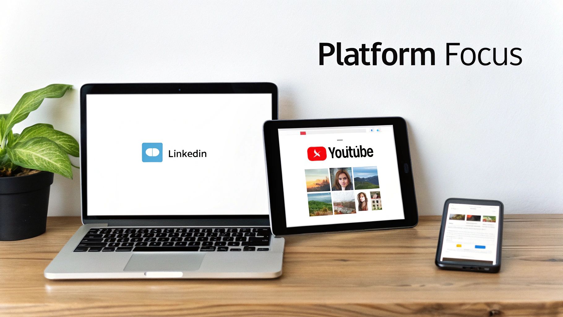 Laptop, tablet, and smartphone displaying LinkedIn and YouTube, with 'Platform Focus' text, on a wooden desk.
