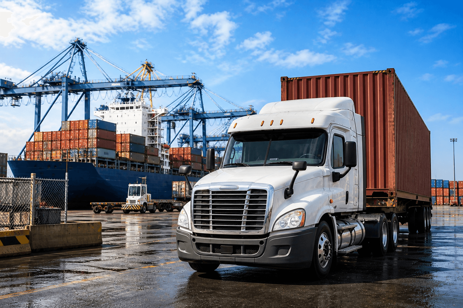 White semi truck hauling a shipping container through a cargo port with container cranes and cargo ships in the background.