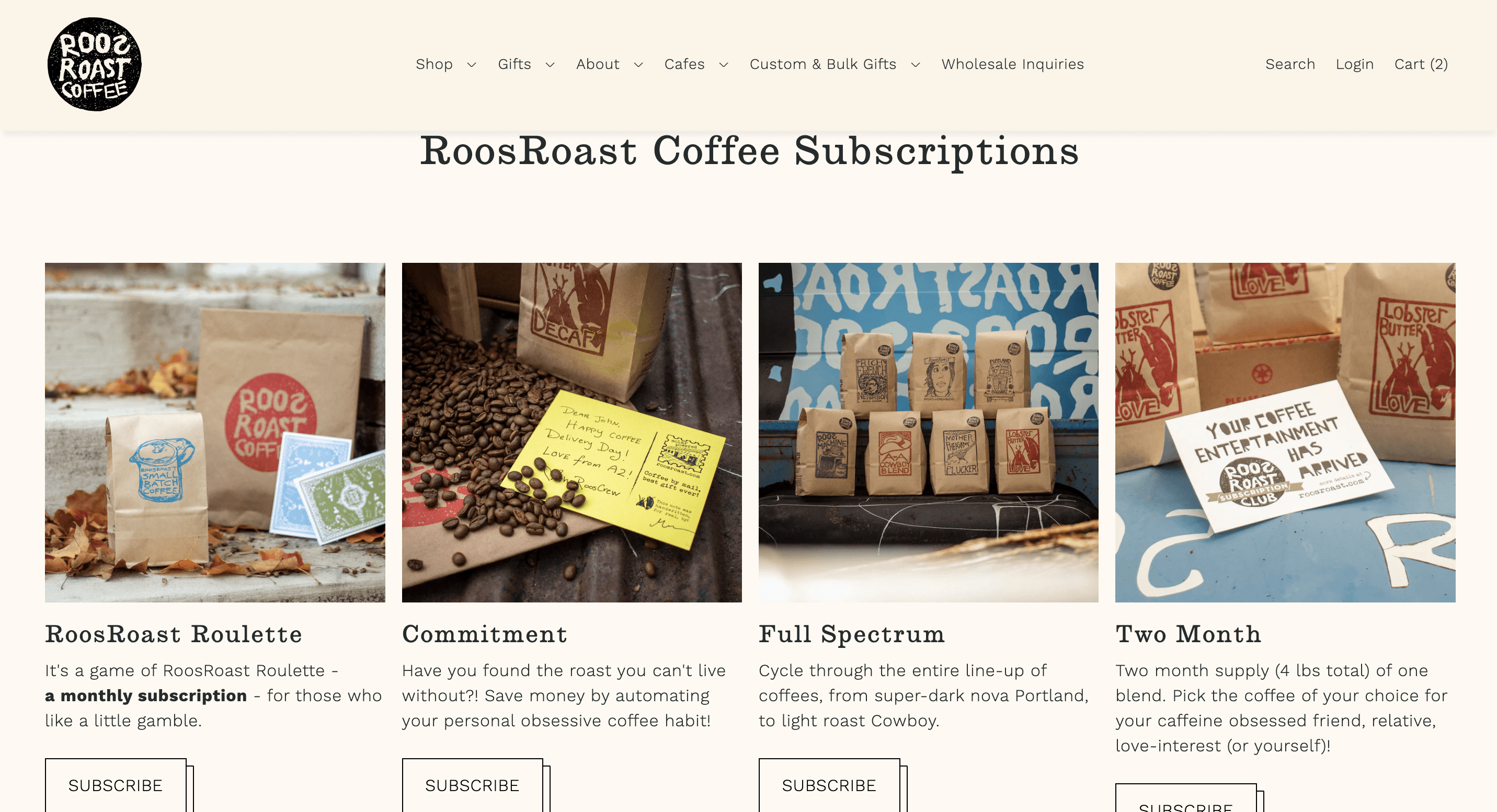 A screenshot of the original RoosRoast subscriptions page