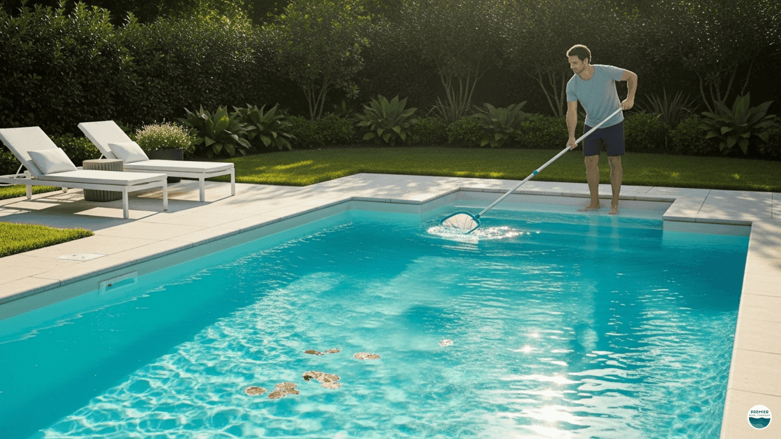 Low maintenance fiberglass pool requiring minimal weekly cleaning and chemical balancing