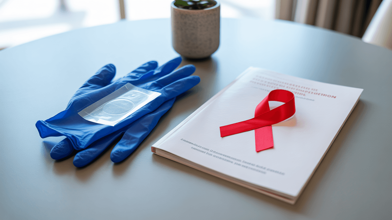 Health awareness items including a red ribbon, medical gloves, and an HIV prevention booklet on a clean table.