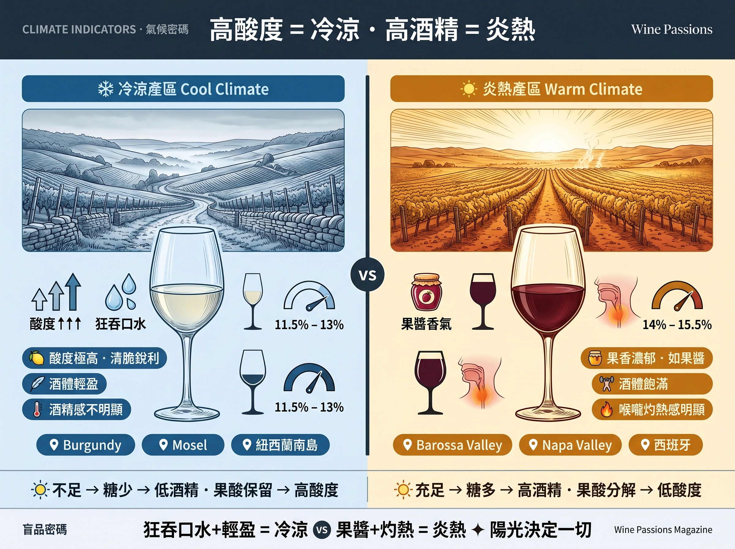  氣候判斷：高酸度代表冷涼產區，高酒精代表炎熱產區