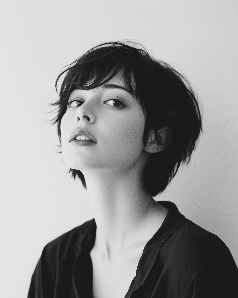 Black and white portrait of a woman with short, tousled hair, wearing a dark shirt.