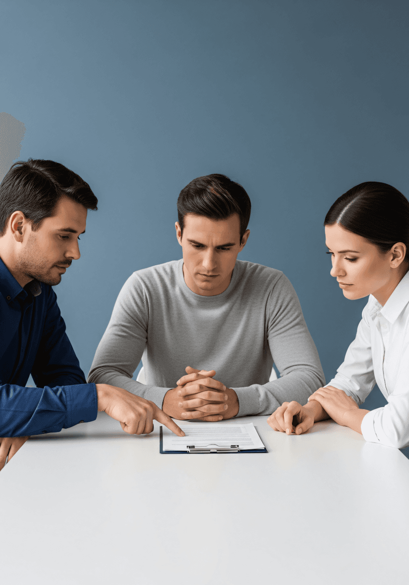 Three people discussing a document at a table, with a professional and focused atmosphere.