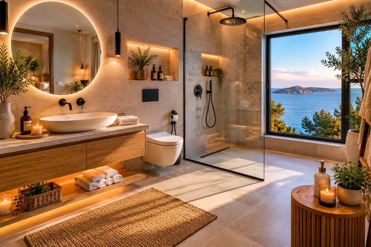 Σύγχρονο μπάνιο Airbnb μετά από ανακαίνιση υψηλής αισθητικής το 2026