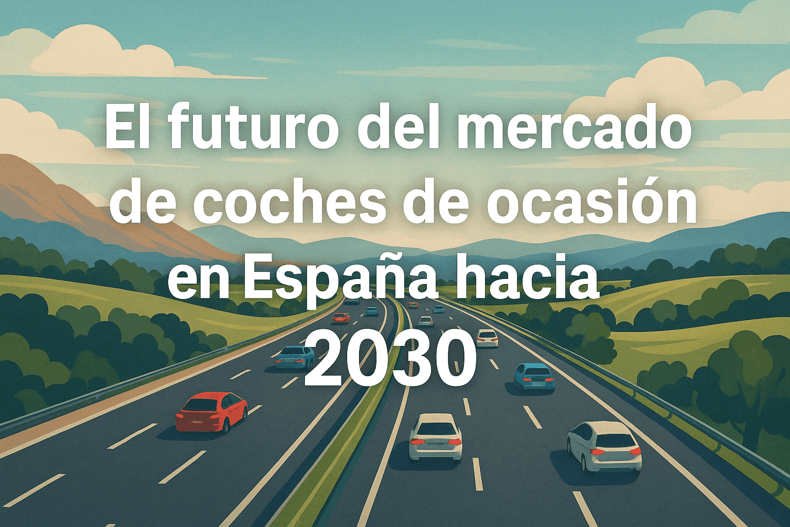 Future of used car market in Spain 2030. Cars on highway illustration.
