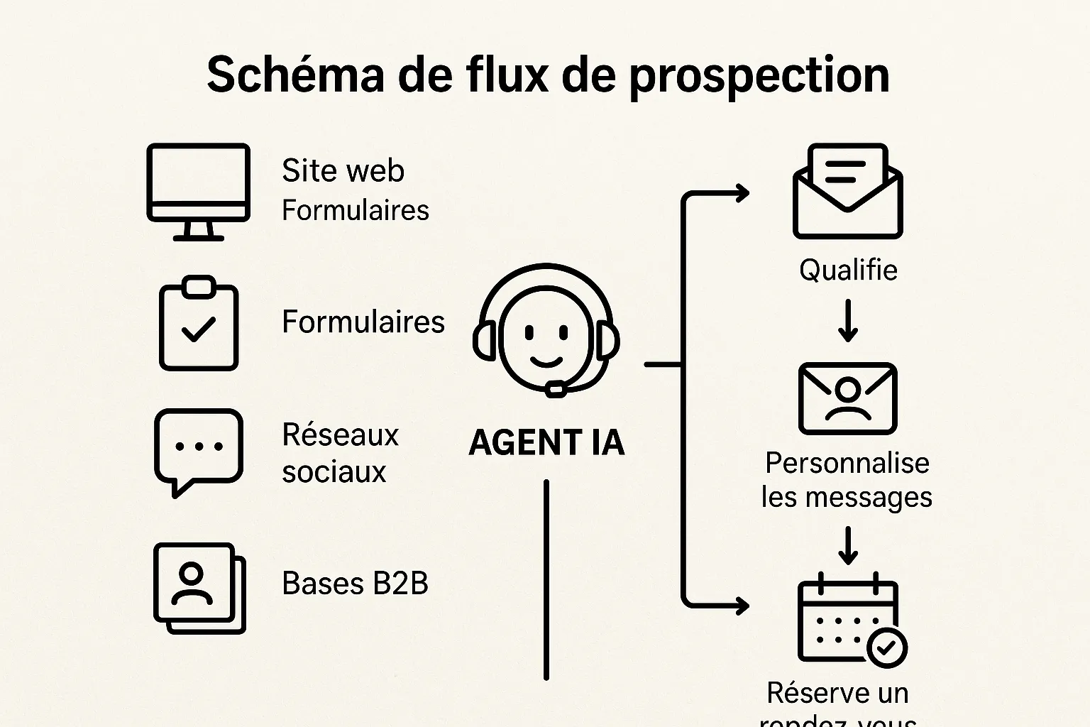 Schéma simple montrant un flux de prospection: sources de leads (site web, formulaires, réseaux sociaux, bases B2B) vers un