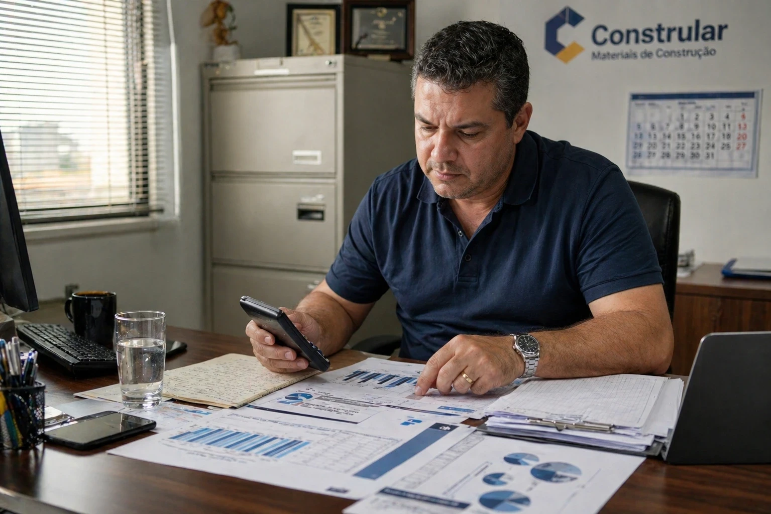 Empresário do setor de materiais de construção em Uberlândia analisa relatórios de campanha de tráfego pago no escritório