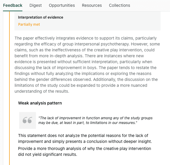 thesify feedback on interpretation of evidence showing a weak analysis pattern in a research paper