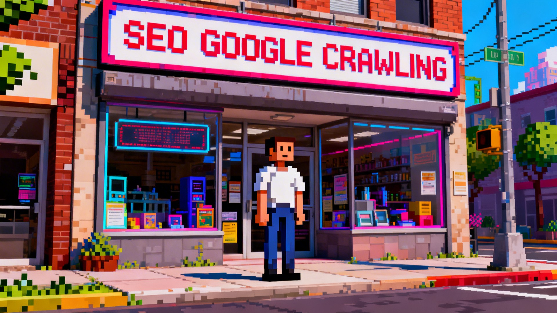 a surreal and vibrant cinematic photo of, Turn this photo into 8-bit retro video game style image. Maintain the exact text "SEO GOOGLE CRAWLING"