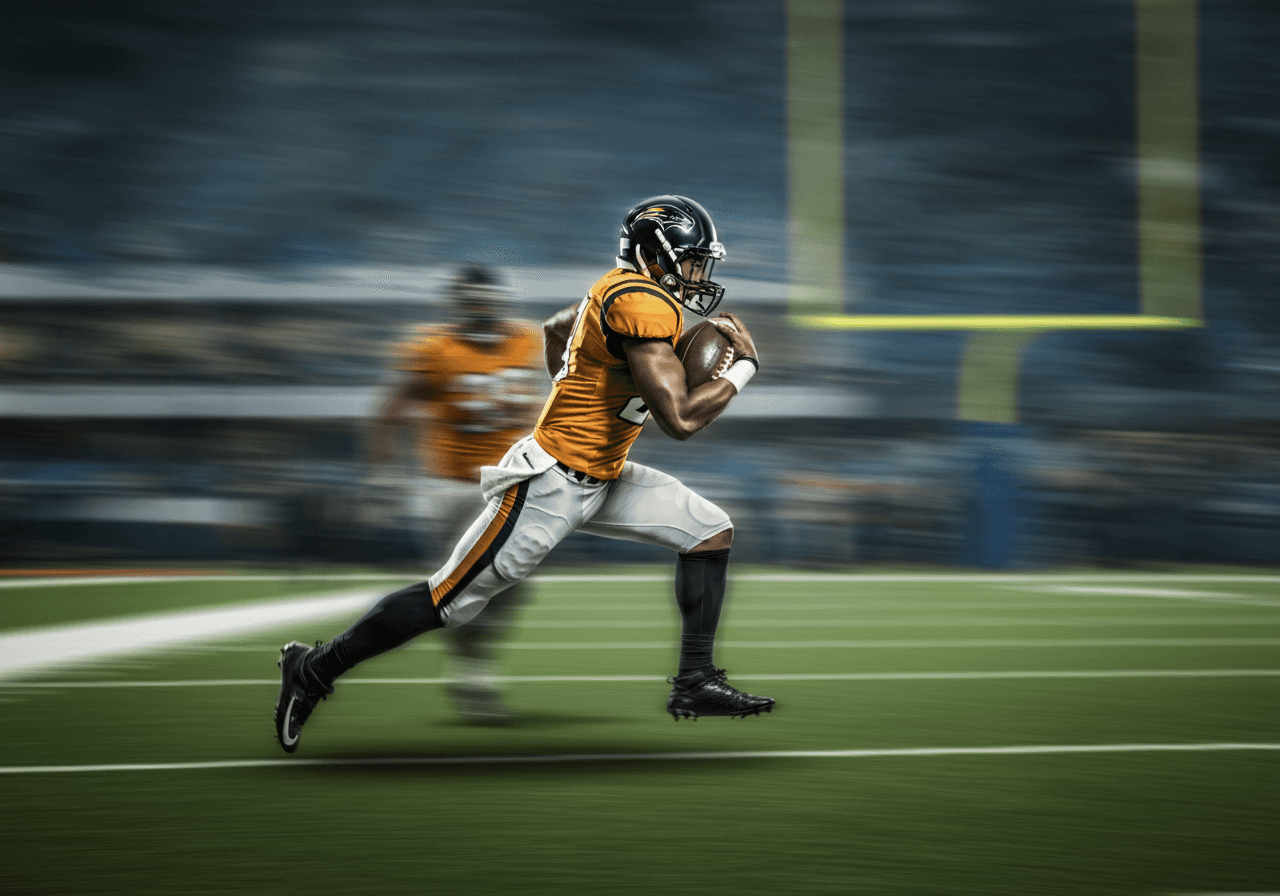 Football player sprinting toward the end zone during a game, showcasing explosive speed and strength—ideal focus for sports injury rehab and athletic performance training.