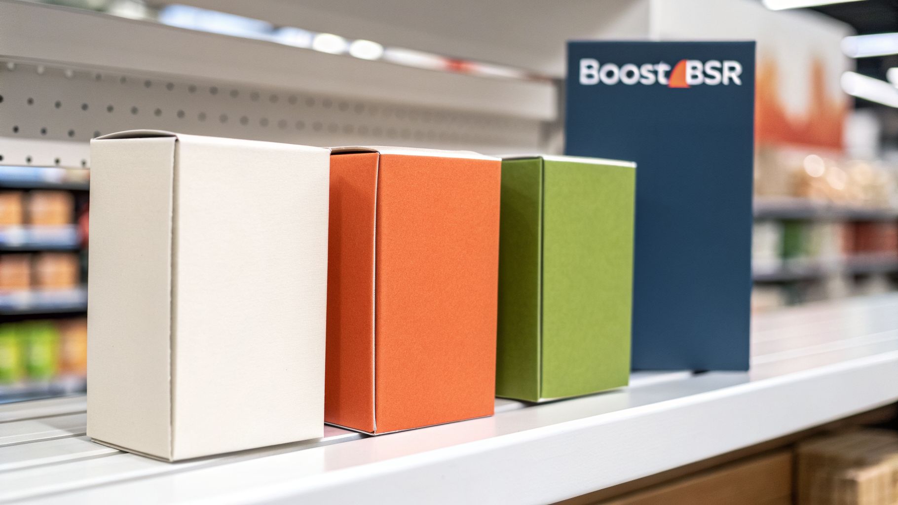 Four colorful product boxes, including one with