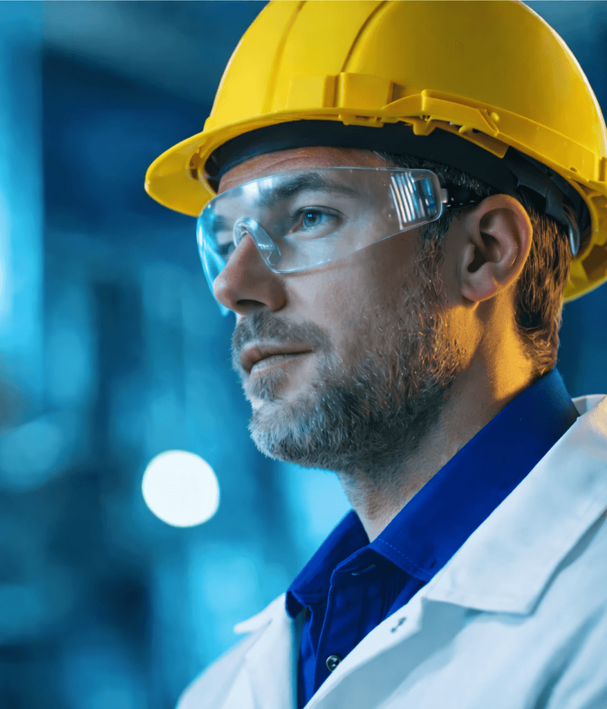 A climber wearing a blue jacket and orange helmet scaling a steep rock face with a breathtaking mountain view in the background.