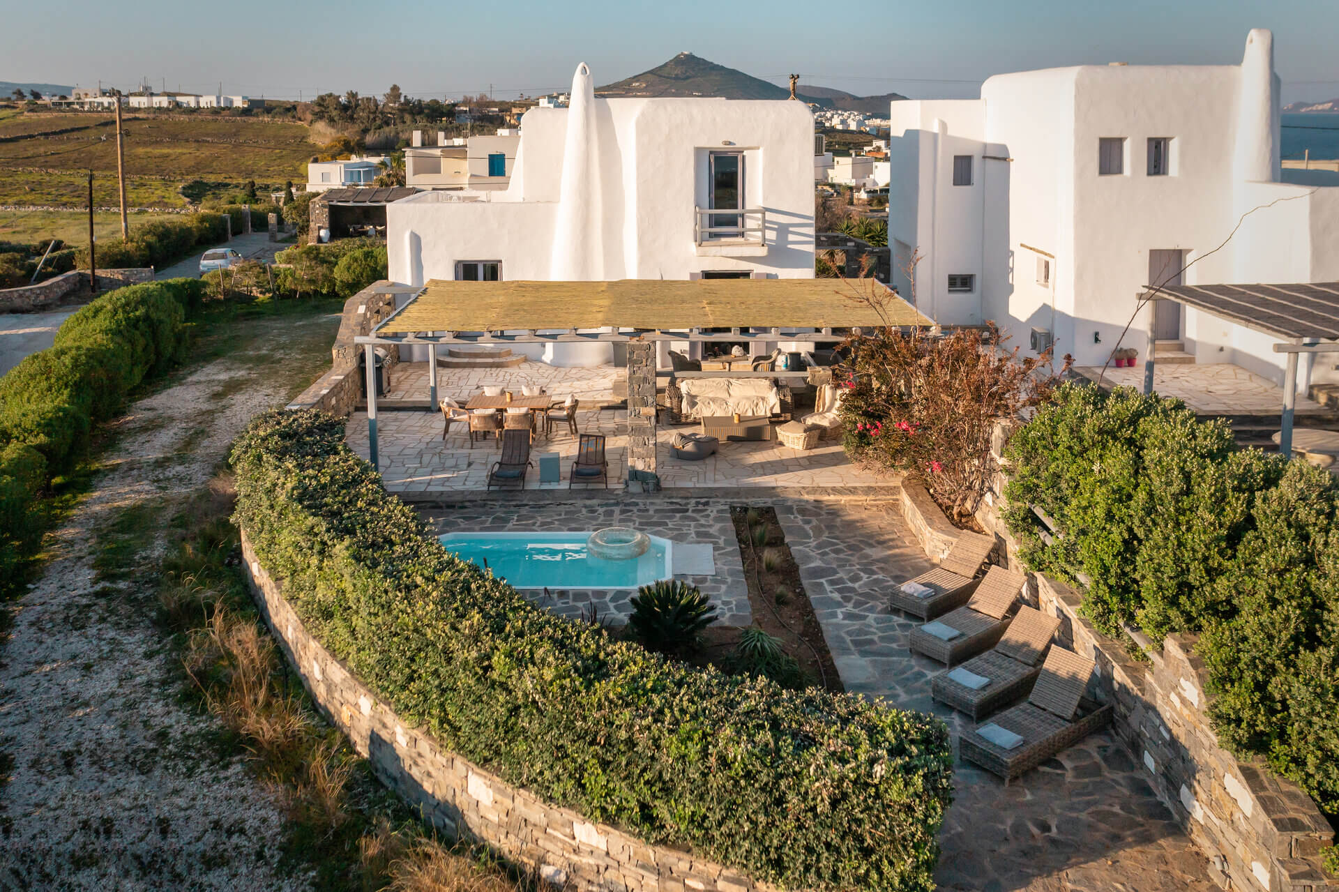 Drone view villa with jacuzzi paros chrisi akti