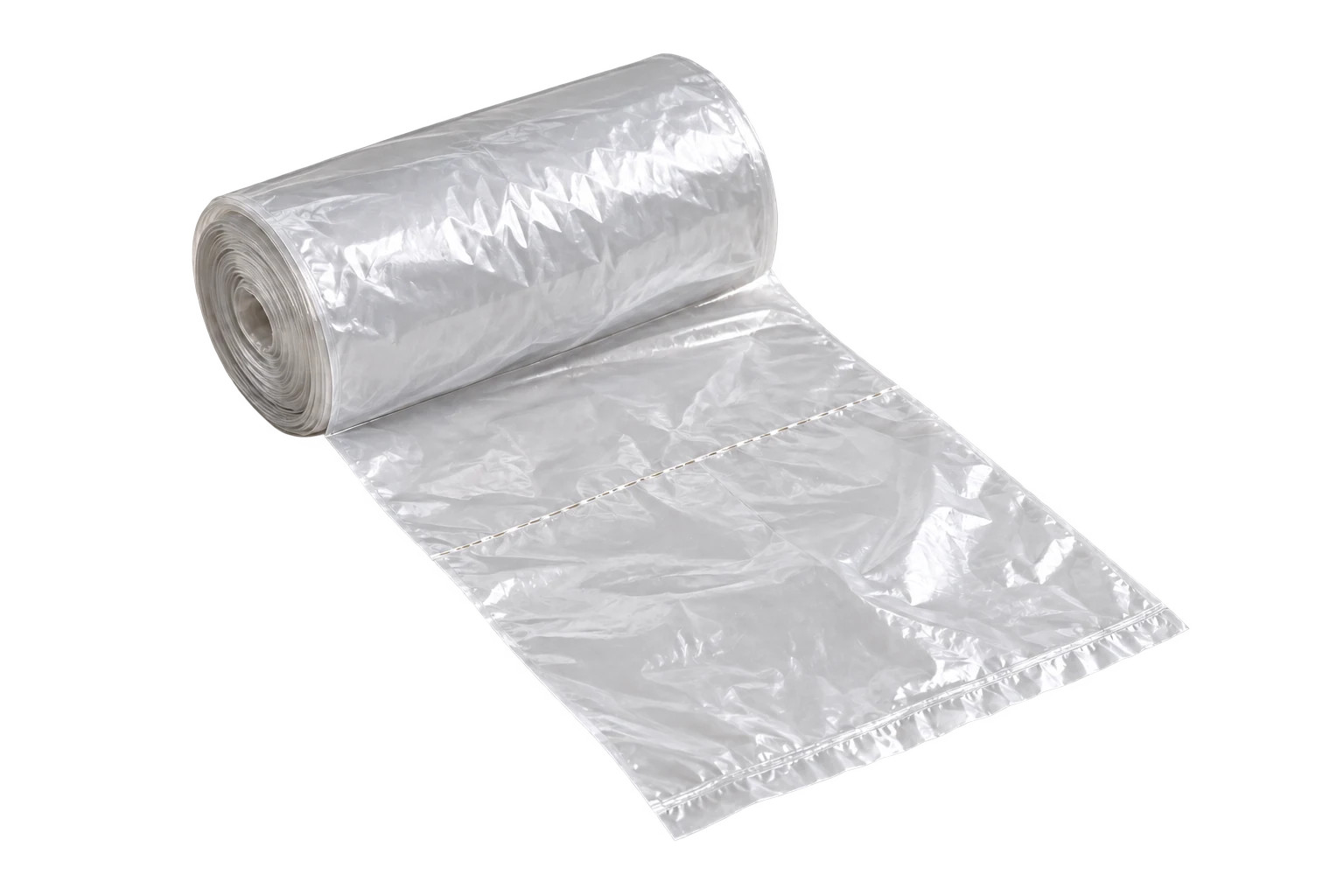Product visualization of perforated clear bags on a roll with one bag unrolled, isolated on a transparent background.