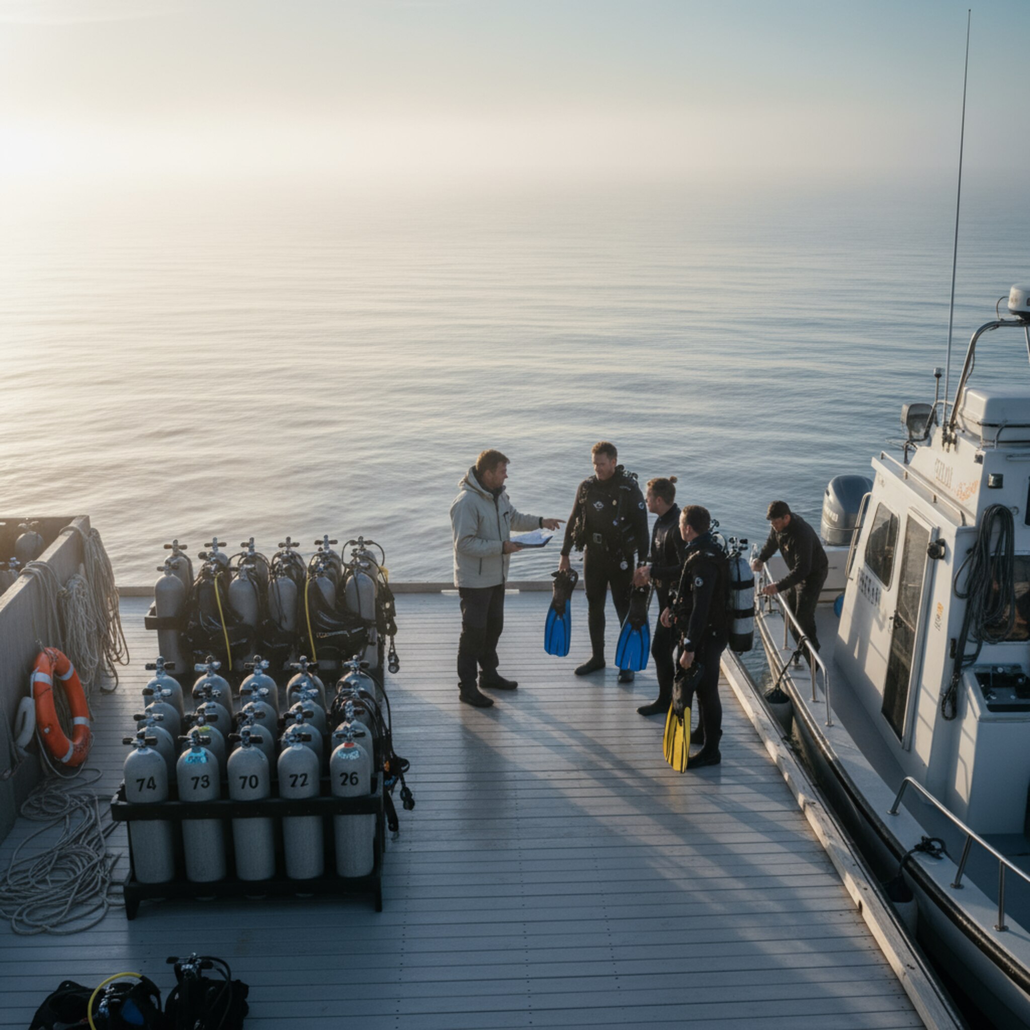 Realistisches Foto, Gruppe von Tauchern steht am Steg startklar mit nummerierter Leihausrüstung, Crew weist Plätze auf dem Boot zu, klare Morgenstimmung, keine sichtbaren Interfaces.