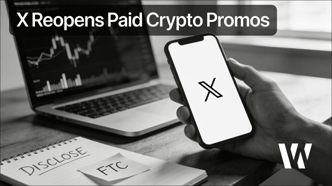 X Reopens Paid Crypto Promos headline over a smartphone displaying the X logo, alongside FTC disclosure notes on a trading desk