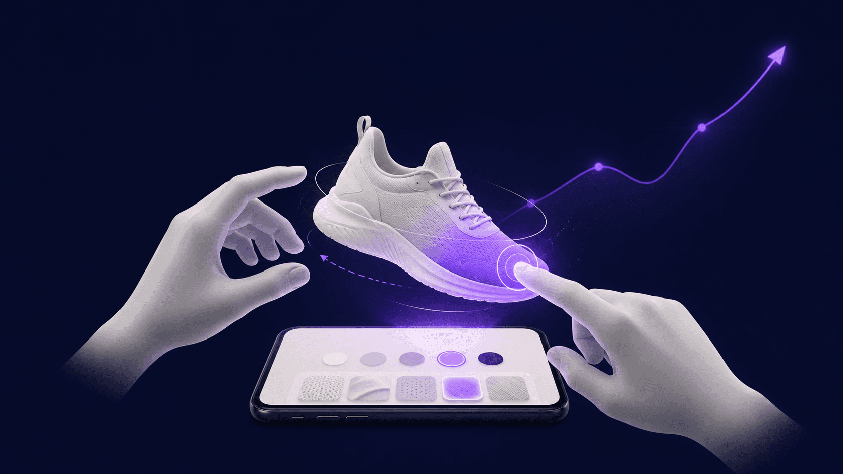 Hands rotating and customizing a 3D shoe above a phone as a conversion trend line rises