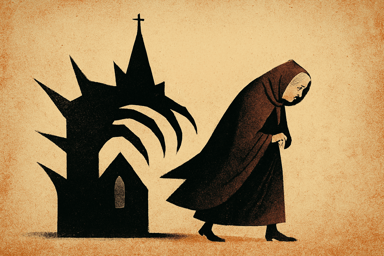 A textured, sepia-toned illustration depicts an elderly widow walking hunched and alone while the dark, spiked silhouette of a church behind her stretches out like a clawed hand reaching toward her. The scene feels ominous and symbolic, highlighting the predatory nature of religious institutions that exploit the vulnerable.
