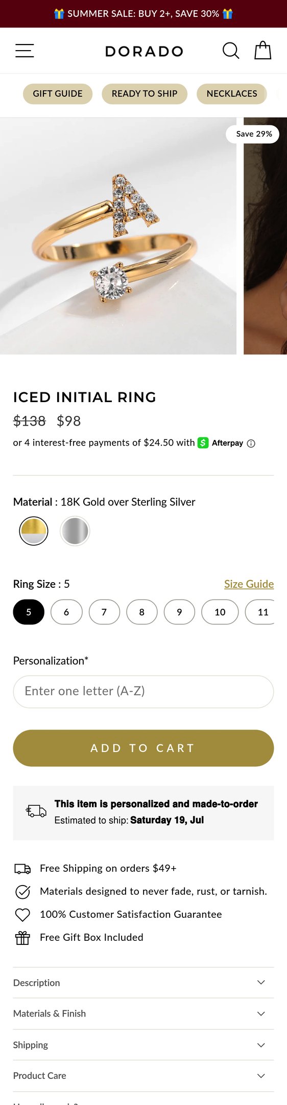 Jewelry product options include: ring for Iced Initial Ring from DORADO.