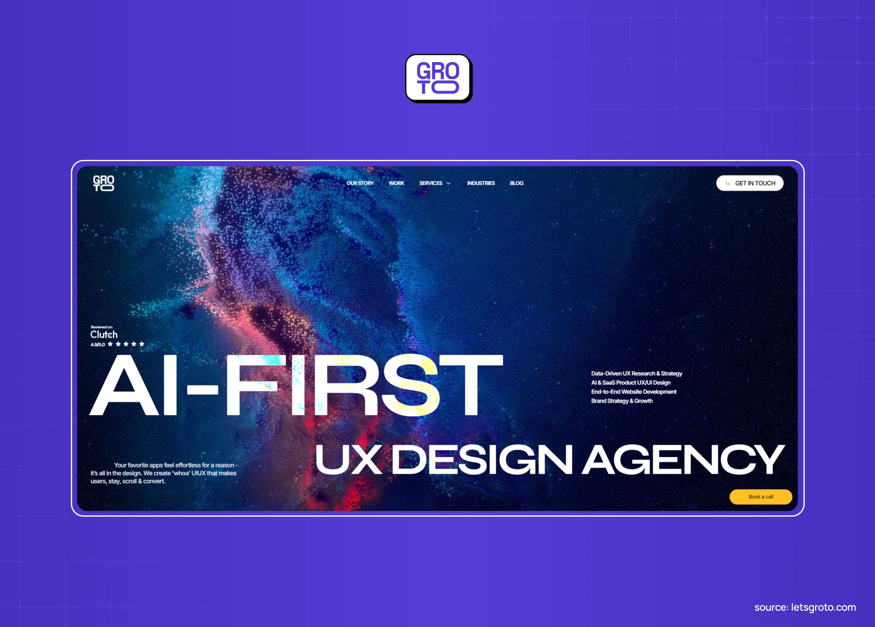 Groto homepage showing its AI-first UX design agency positioning and 4.9 Clutch rating