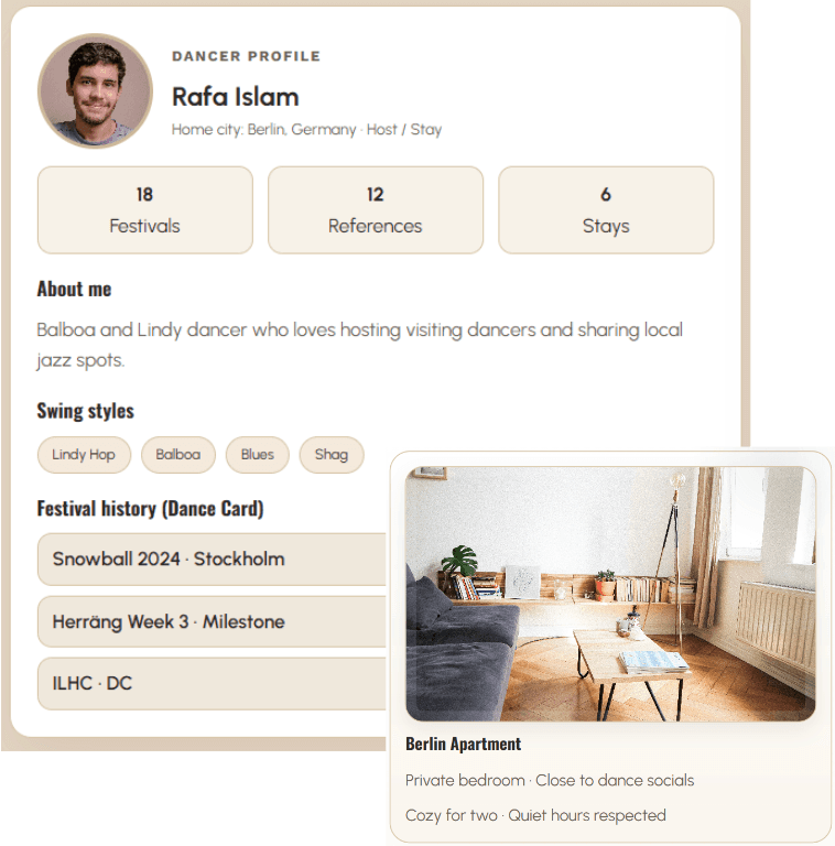 Platform connecting swing dancers for hosting and travel experiences