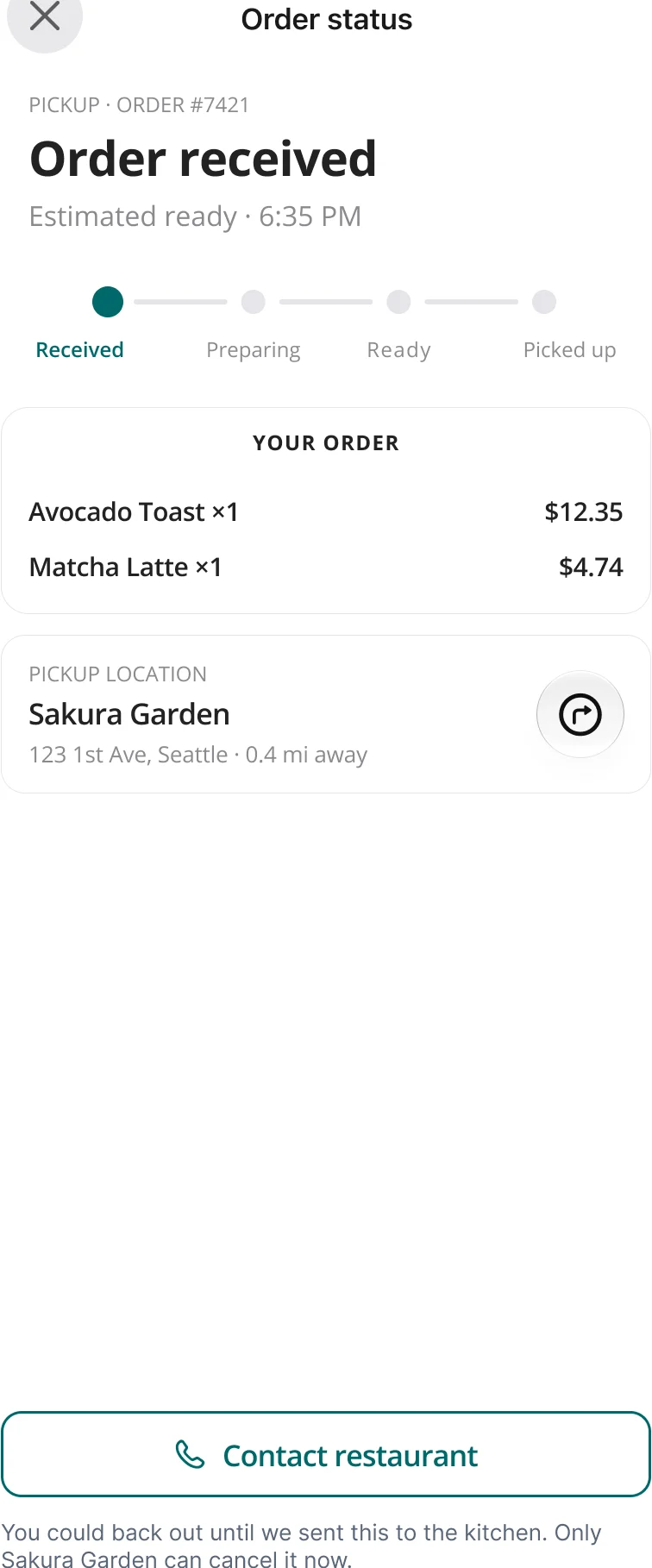 Order status screen: Order received, estimated ready 6:35 PM, progress Received, Preparing, Ready, Picked up, with a note that you could back out until we sent this to the kitchen.