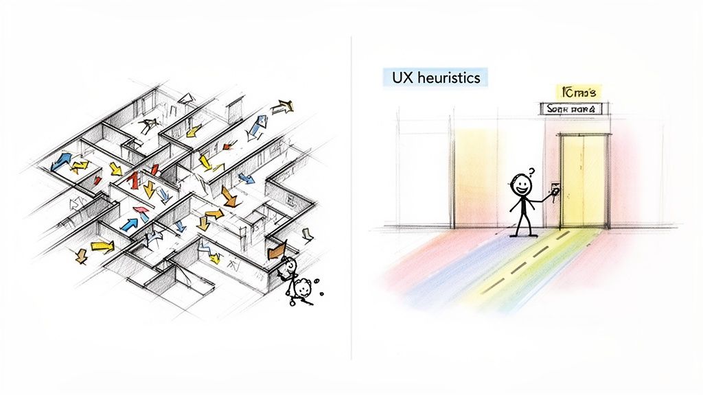 Illustrative sketches show a complex maze user flow and a stick figure using an elevator with 'UX heuristics'.