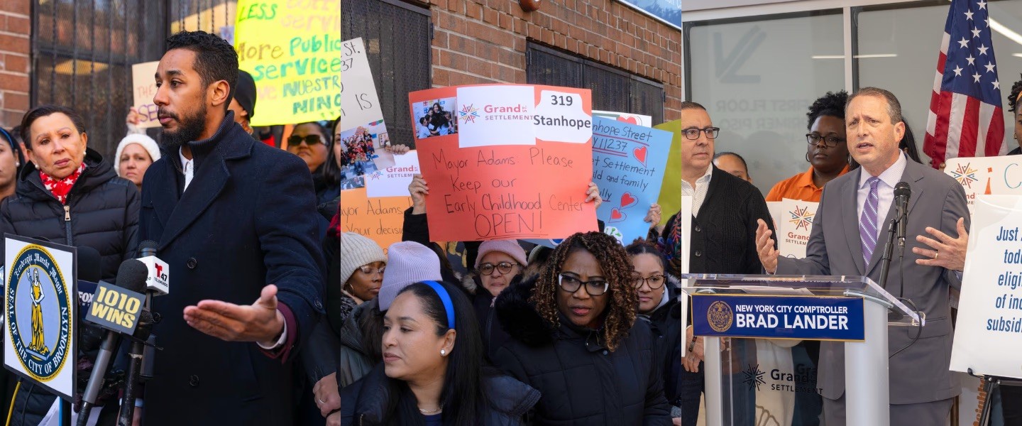 A collage of pictures including Borough President Reynoso, protestors holding signs, and Comptroller Lander at rallies.