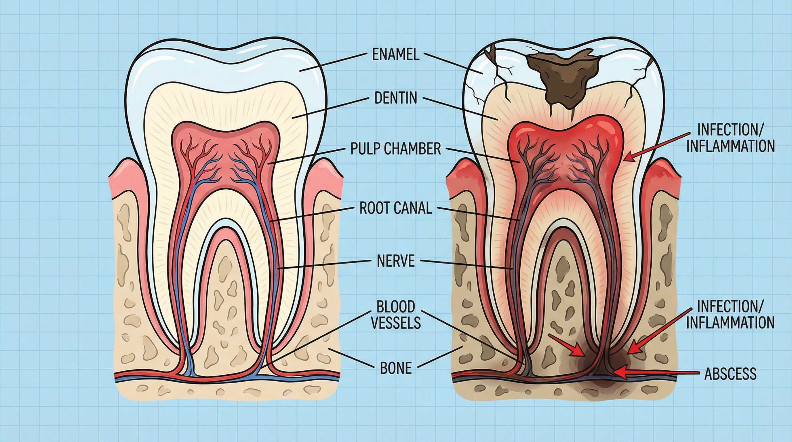 Cross-sectional anatomical diagram showing healthy tooth structure and infected tooth pulp requiring root canal treatment at Veda Family Dentistry.