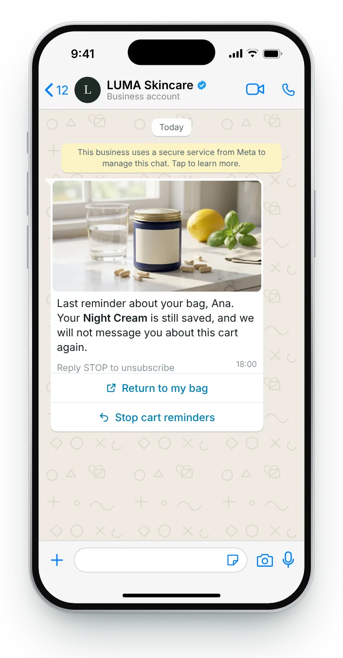 Final notice with an opt-out button: WhatsApp cart reminder on an iPhone