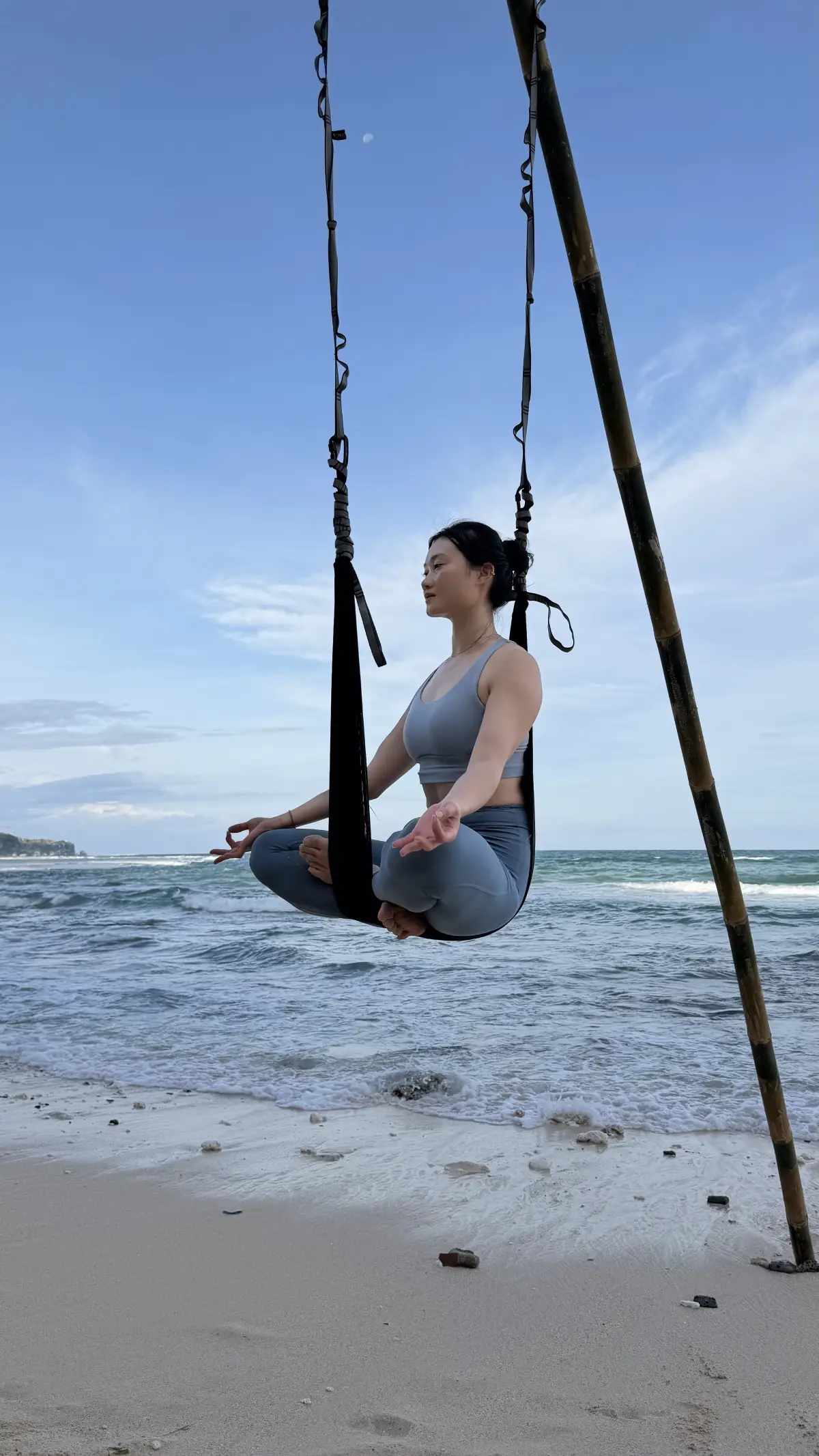 Restorative aerial yoga and floating meditation practice for online teacher training