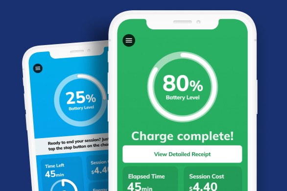 Two smartphones showing a battery charging interface; one displays a 25% charge level and the other shows an 80% charge complete notification.