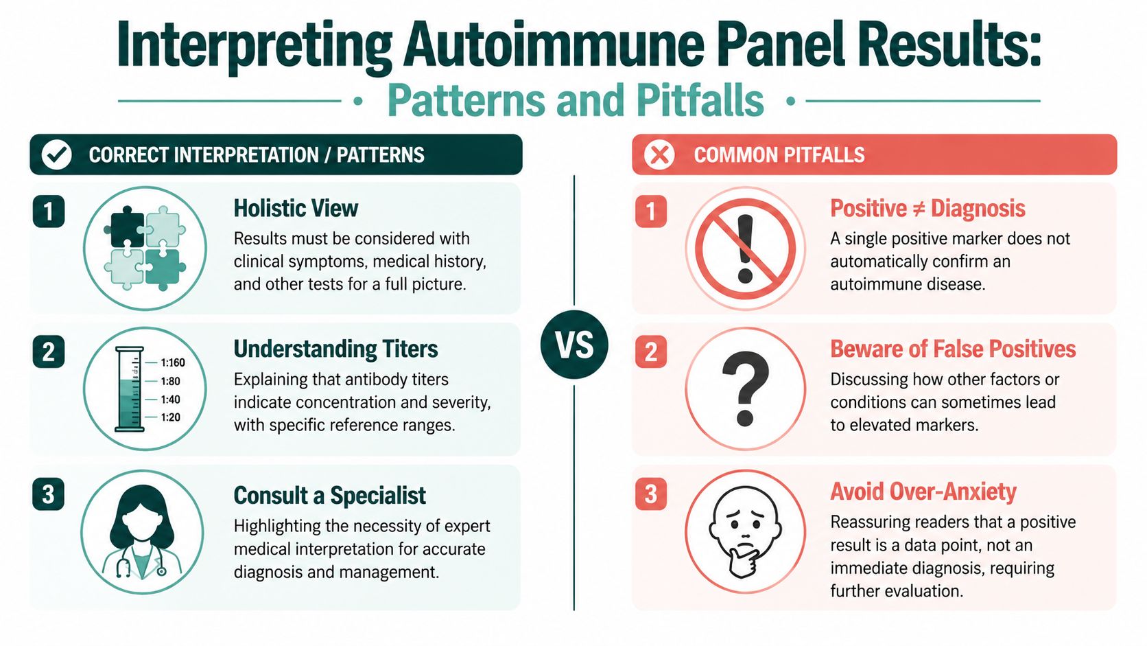 An infographic titled Interpreting Autoimmune Panel Results comparing three correct interpretation patterns against three common clinical pitfalls.