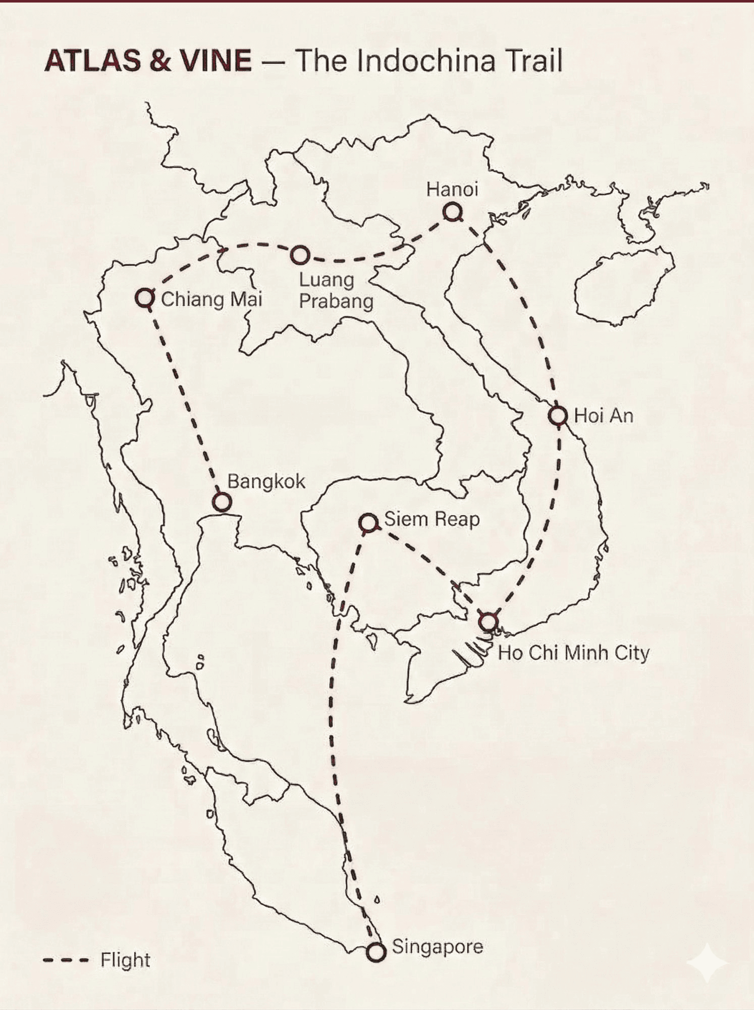 Atlas & Vine itinerary map: The Indochina Trail — Singapore, Siem Reap, Ho Chi Minh City, Hoi An, Hanoi, Luang Prabang, Chiang Mai, Bangkok, all connected by flight legs.