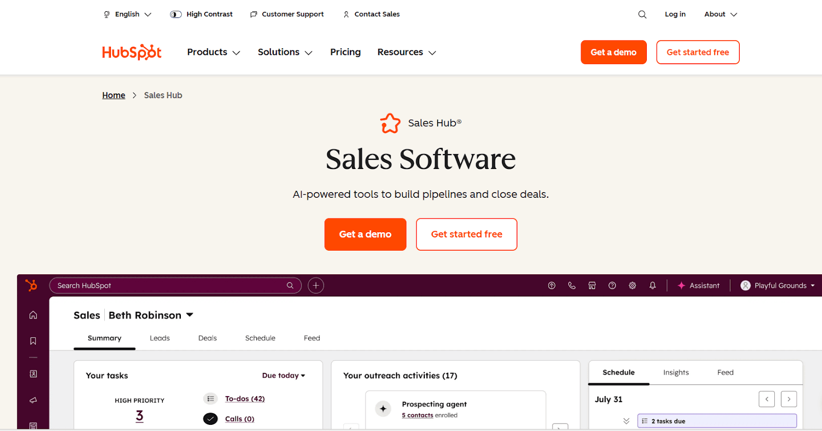 HubSpot Sales Hub homepage