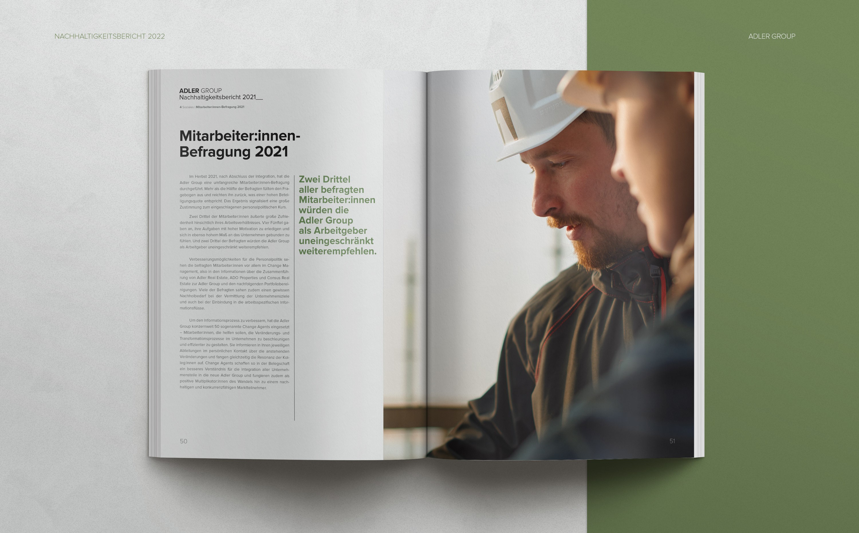 Doppelseite aus dem Nachhaltigkeitsbericht der Adler Group – reduziertes, typografisch fein abgestimmtes Layout