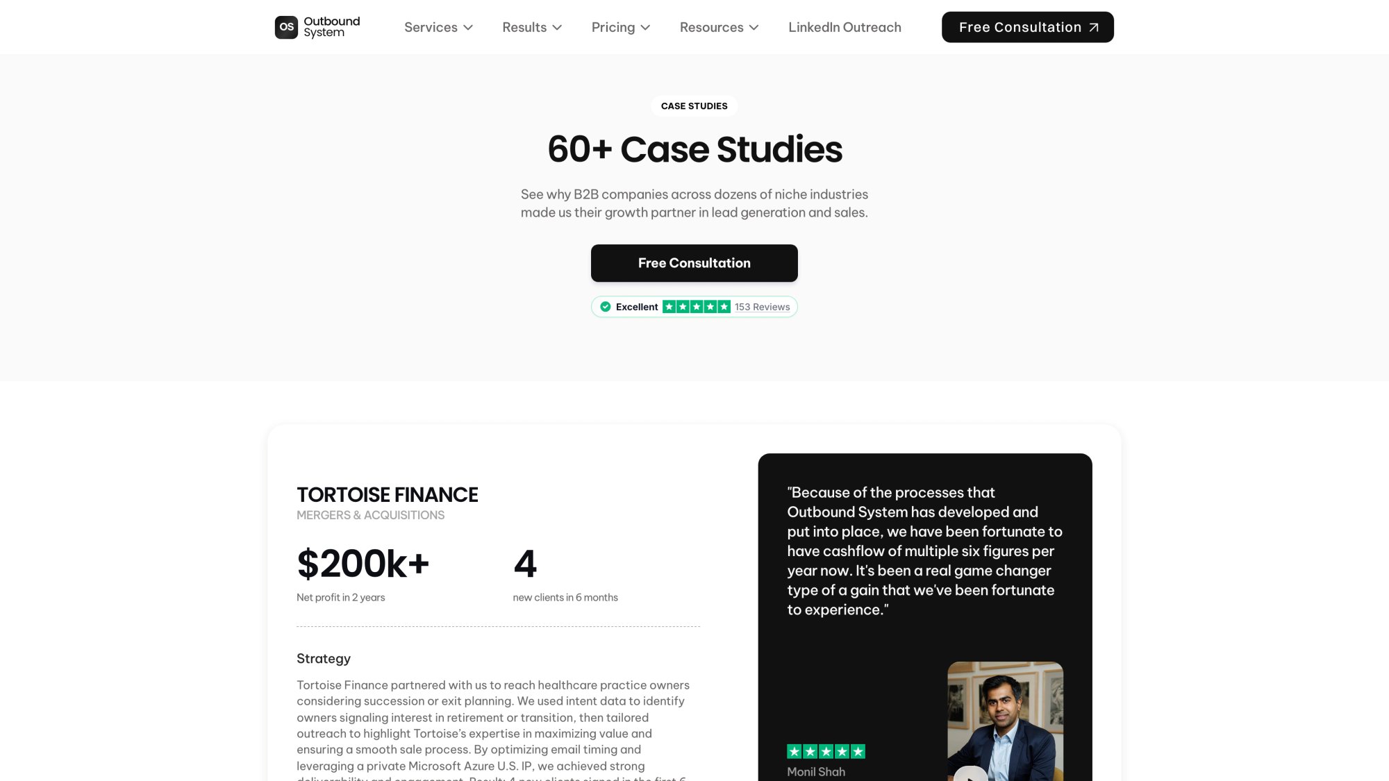 Outbound System case studies page showing client success stories and compliance results