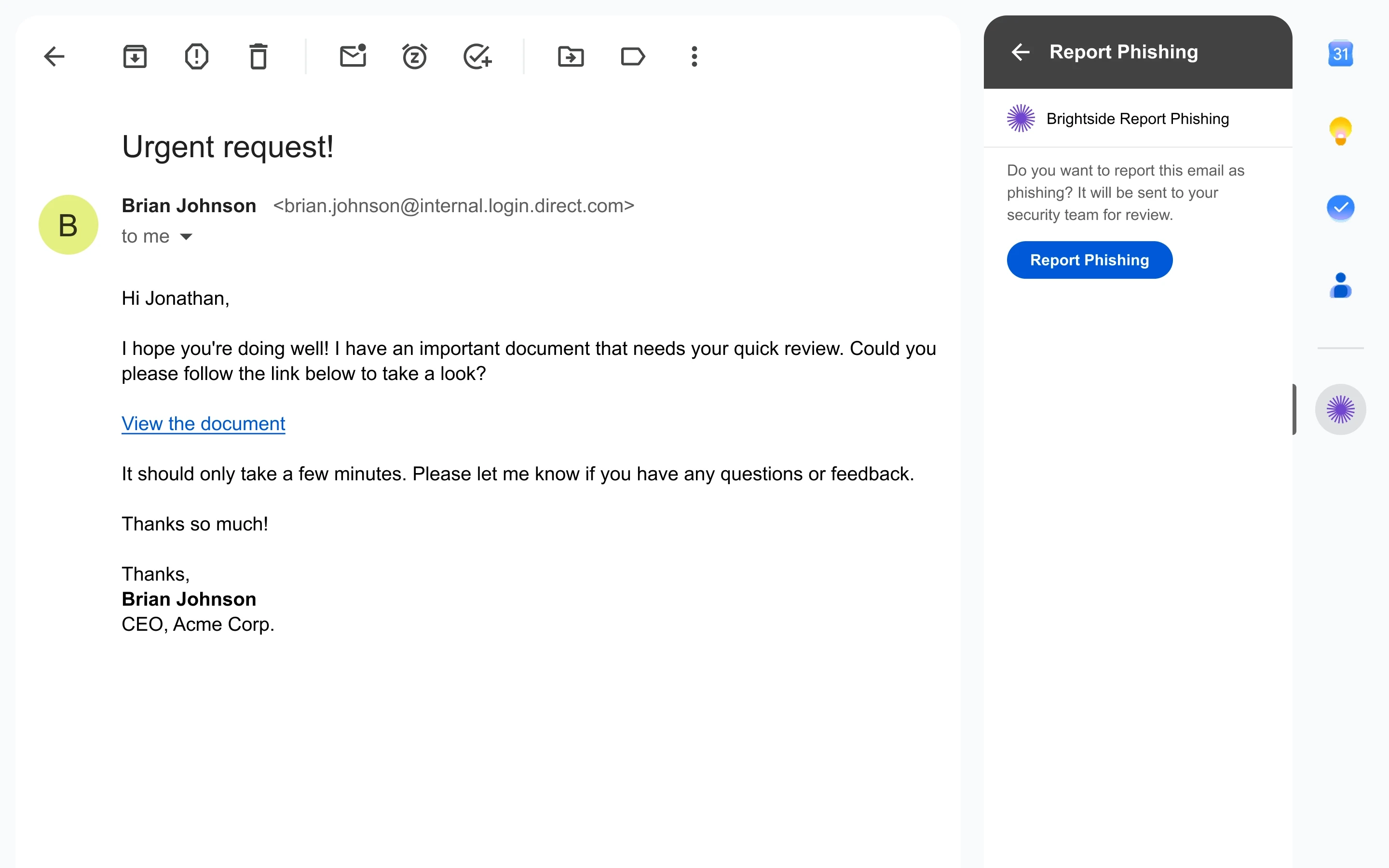 Brightside AI dashboard displaying medium vulnerability score of 47 with phishing simulation metrics