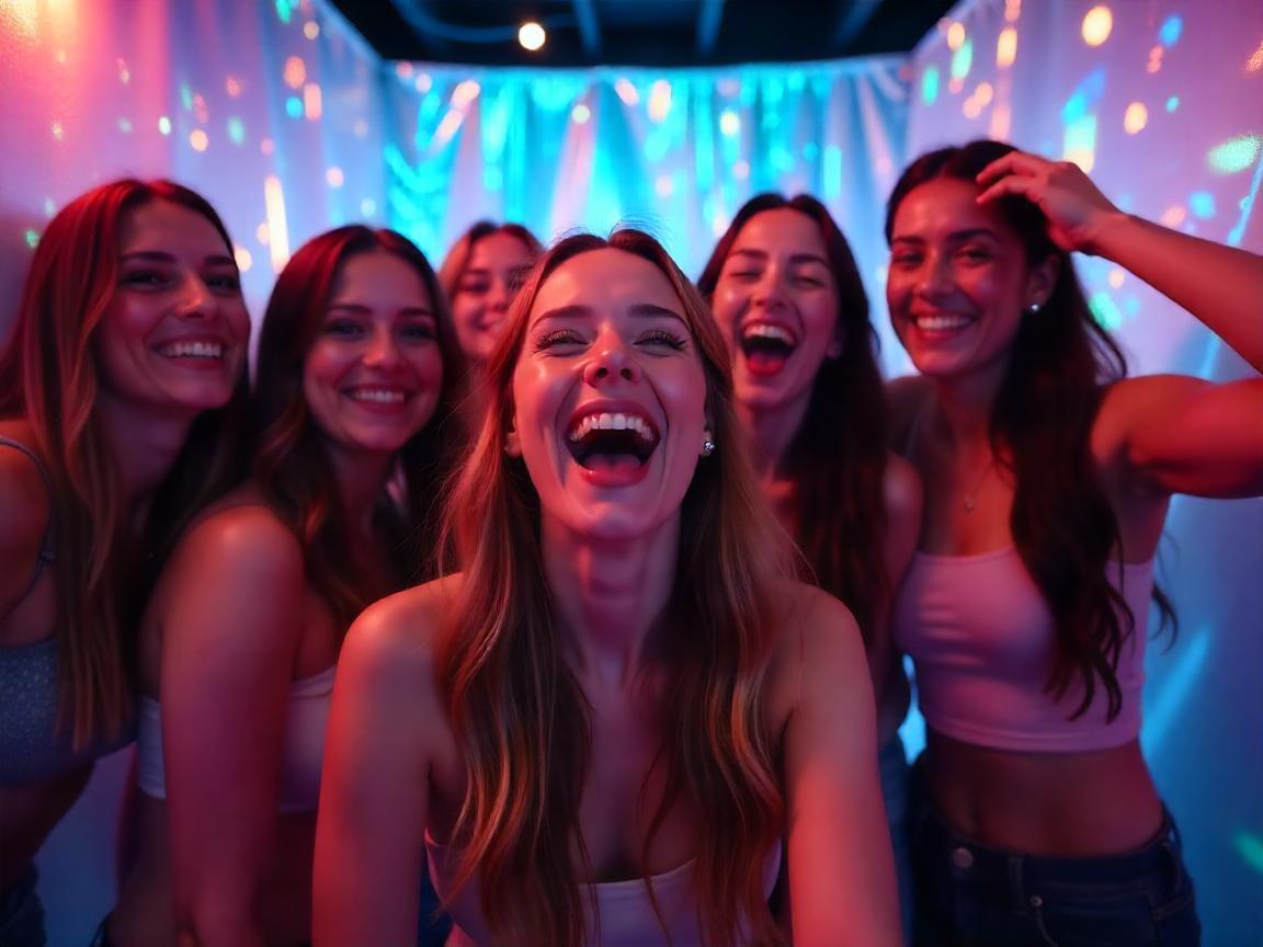 College friends in a photo booth having a good time.