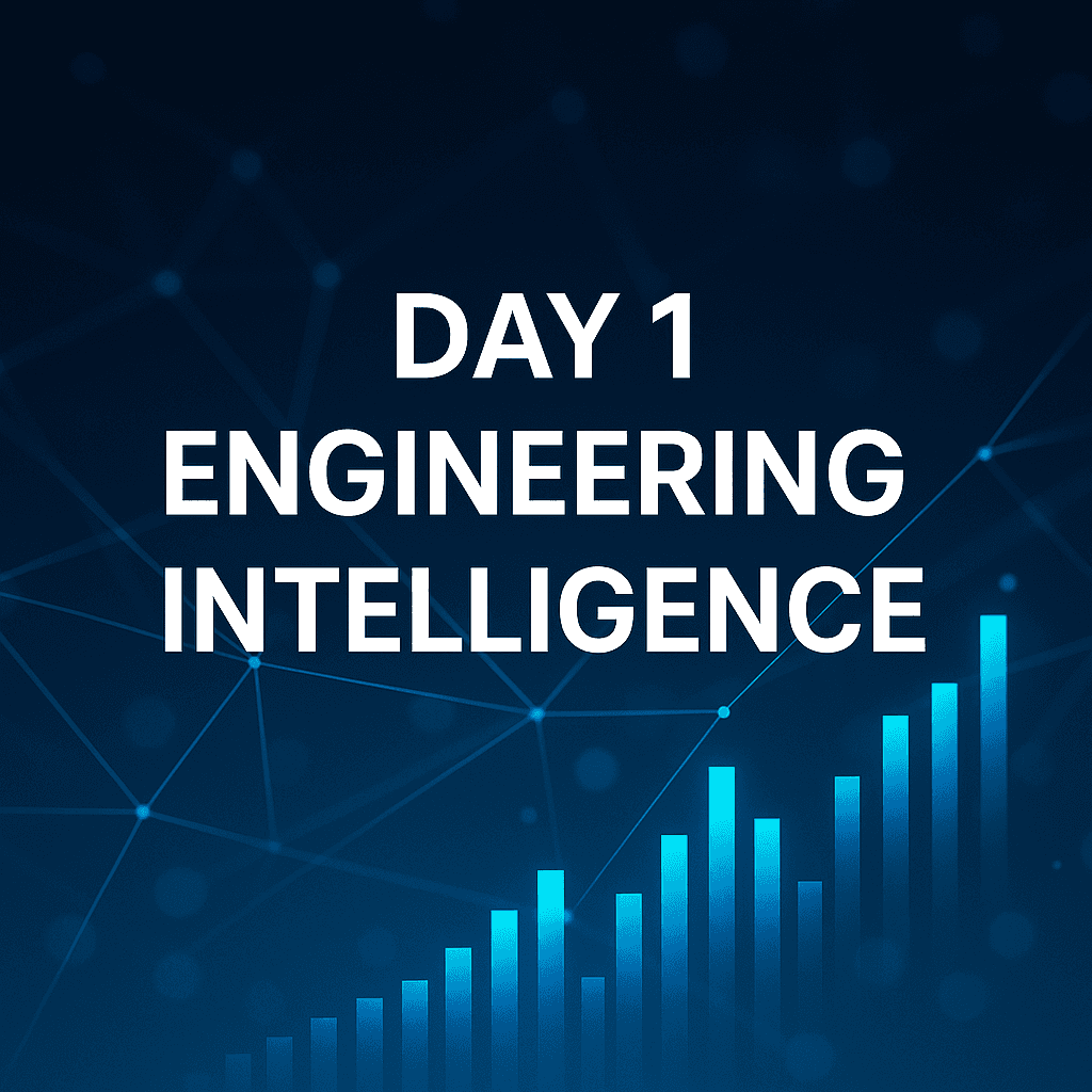 Futuristic abstract background with glowing data nodes and the phrase “Day 1 Engineering Intelligence” representing developer insights and innovation