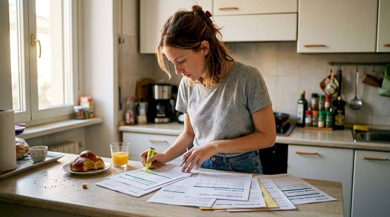 Una donna consulta e mette in evidenza alcuni documenti relativi ai suoi investimenti mentre si trova in cucina.