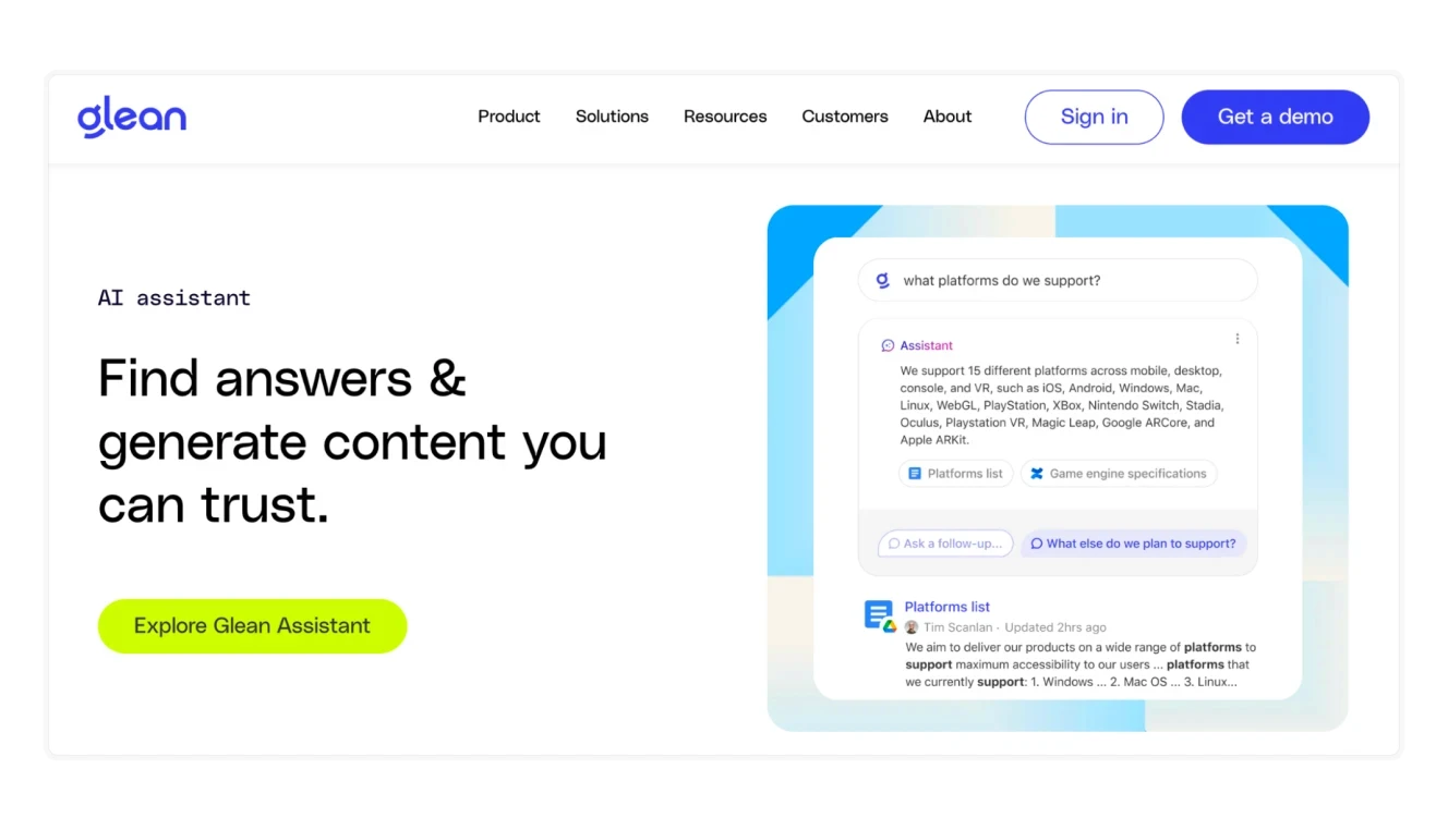 Glean AI, featuring a chatbot-style interface that answers business-related queries