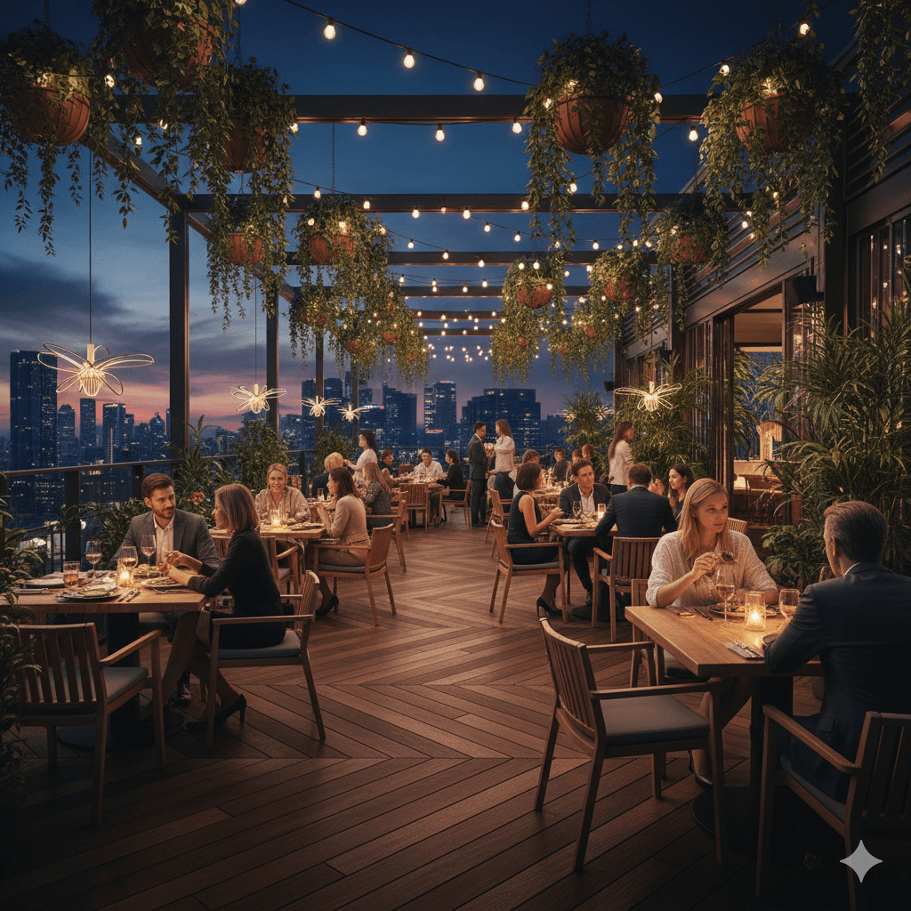 Rooftop alfresco dining and open-air restaurant deck at M3M Sector 96 Noida commercial hub