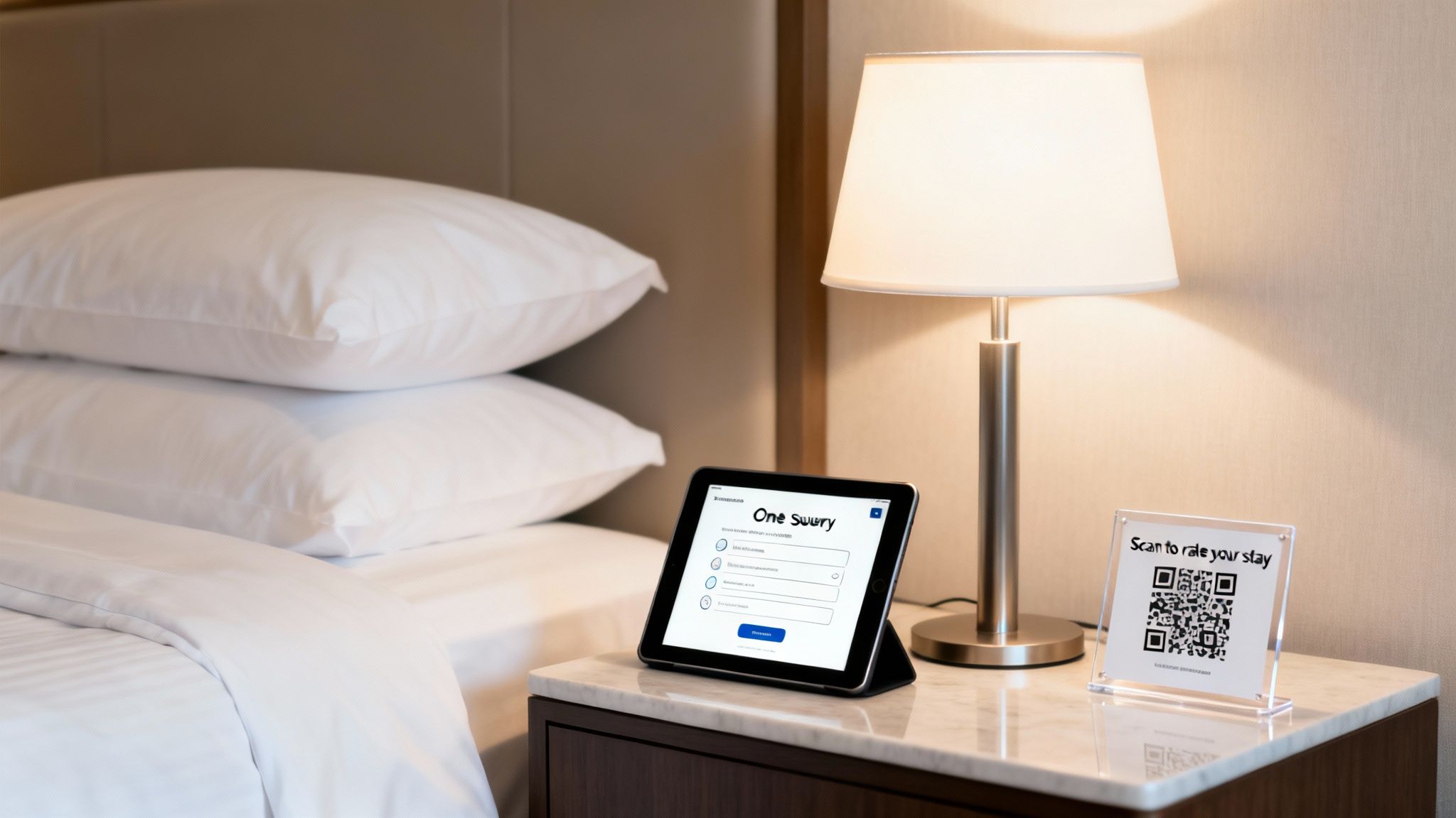 A tablet displays a survey and a QR code stand prompts guests to rate their hotel stay.