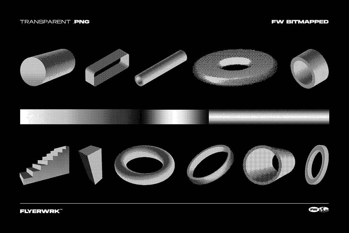 Bitmapped design elements 3D primitives including cylinders rings and stairs with detailed halftone dither gradients