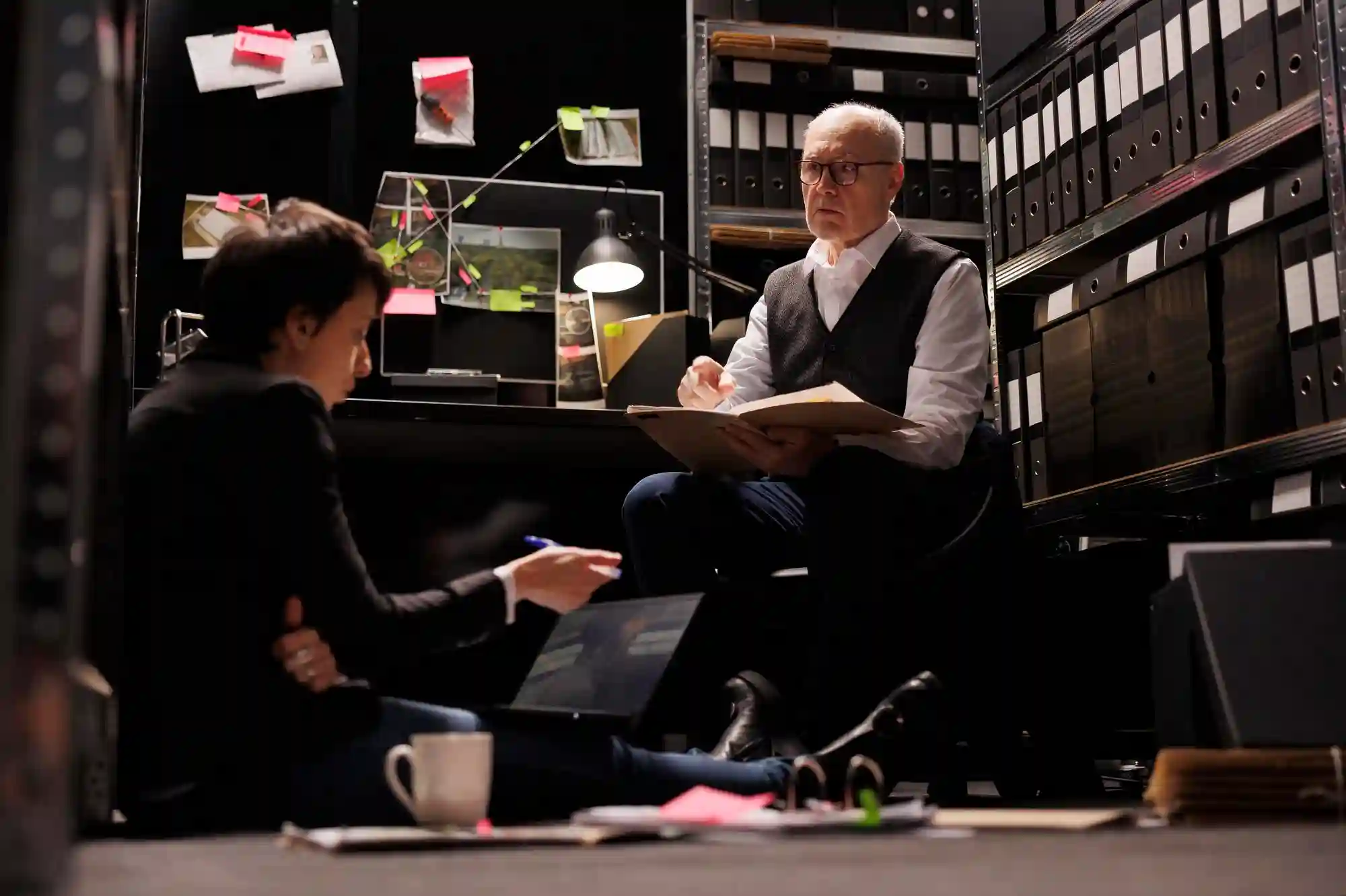 An older investigator and a young colleague review evidence and case files in a dimly lit, organized forensic archive.
